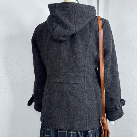 Wool Cashmere Blend Pea Coat Hood Gray Size Medium Petite Dark Academia Preppy - Picture 5 of 8